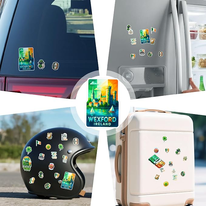 100 PCS Ireland Stickers Pack, Irish Travel Vinyl Waterproof Decals of Dublin Wexford Shamrock Clover Celtic Cross and Irish Culture Heritage for Laptop Water Bottle Scrapbook Adult Gift