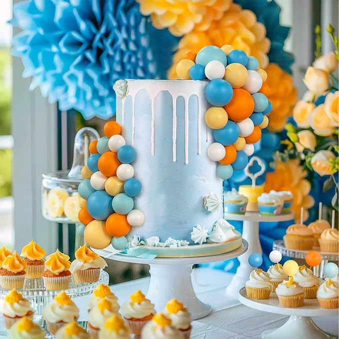 56 PCS Colorful Ball Shaped Cake Topper Pearl Balls Cupcake Cake Insert Topper for Birthday Party Wedding Decoration Supplies (Orange Blue)