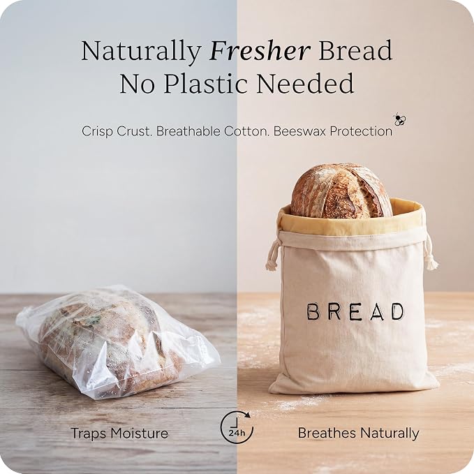 Leafico Bread Bag Set – 2 Cotton Loaf Bags + 1 Baguette Bag with Beeswax Liner – Reusable Storage for Sourdough, Crusty Bread, Artisan Loaves – Washable, Freezer Safe, Eco Alternative