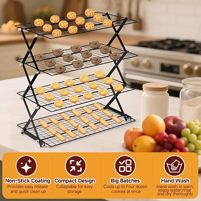4-Tier Collapsible Cooling Rack with Adjustable 3 Setting Design Cooling Racks for Cooking and Baking Stackable Roasting Cooking Drying Wire Cooling Rack Suitable for Baking Enthusiasts and Beginners
