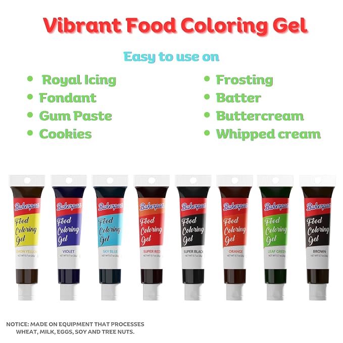 Bakerpan Gel Food Coloring for Baking, Royal Icing, 20g Edible Food Coloring Gel for Cake Decorations - Set of 8