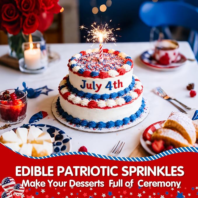 Patriotic Sanding Sugar Sprinkles,July 4th Edible Sprinkle Mix for Baking Decorations,150g/5.3oz,Blue Red and White Edible Sugar Crystals for Cake Decorating,Cookies,Ice Cream,Fondant Cake,Caramel Apples,Cupcakes,Desserts, May Day,Memorial Day,Flag Day...