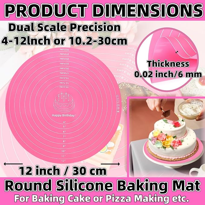 Silicone Baking Mat Cake Mat Silicone Cake Mat Silicone Baking Mat with Measurements for CakeTurntable Stand Non-Stick Heat Resistant Pastry Baking Sheet -Pink