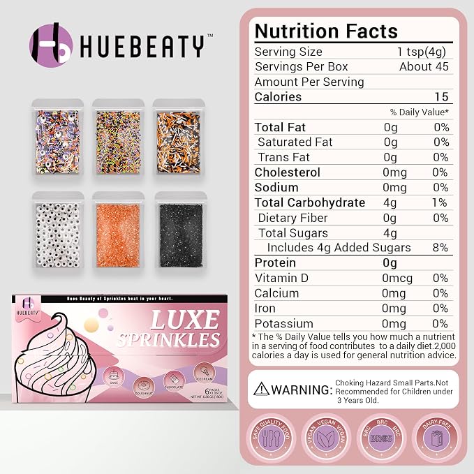 HUEBEATY 6-in-1 Halloween Spooky Sprinkles Edible – 180g Eyeball Candy, Nonpareils, Jimmies, Black and Orange Sugar Sprinkles for Cupcakes, Cookies, Cakes Baking and Decorating – Halloween Edible Topper Decorations