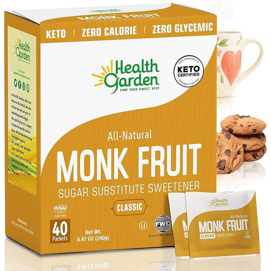 Health Garden Monk Fruit Sweetener, Classic Sugar Substitute – 40 Count Packets – 1:1 Monk Fruit Sugar Substitute with Erythritol, Zero Calorie Monkfruit Sweetener for Baking and Coffee, Keto Friendly, Non-GMO