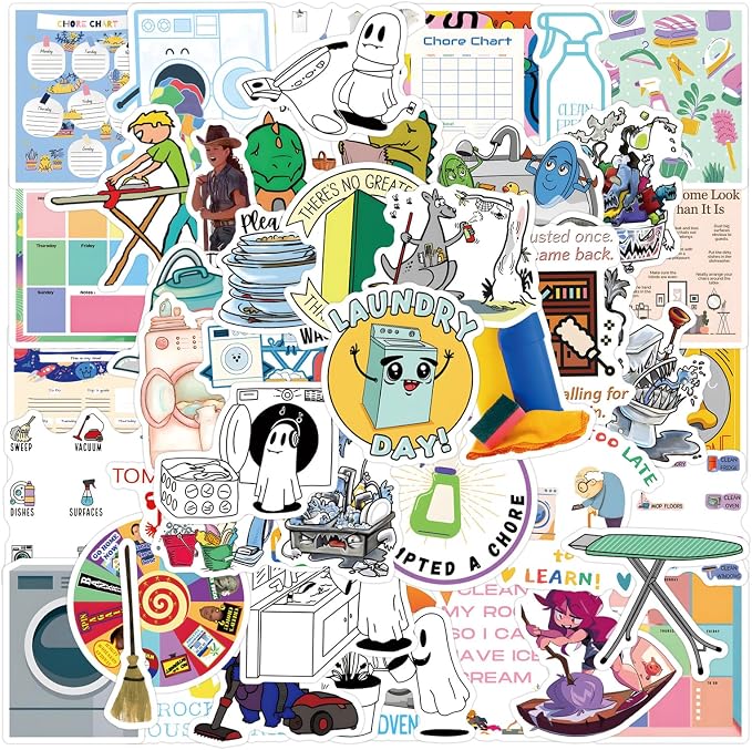 55Pcs Cleaning Chore Stickers, Funny Household Vinyl Decals for Planners, Journals, Water Bottles, Laptops, and DIY Decor (Chore)