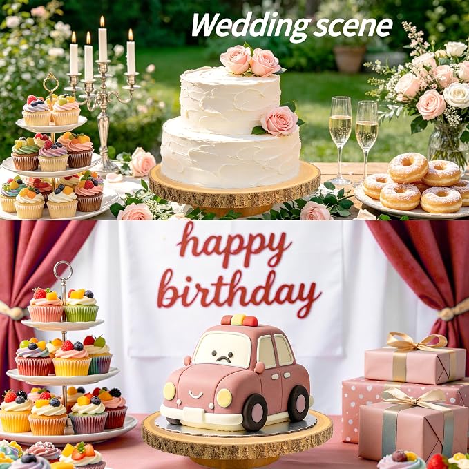 Rotating 12" Rustic Wood Cake Stand + Elegant Cutting Set — Smooth 360° Turntable for Wedding Cakes, Baking & Party Display