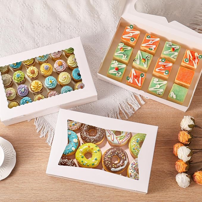 48pcs12x8x2.5 Inches Bakery Boxes,Cookie Boxes with 3Style for Window Bread,Treat，Chocolate,Strawberries,Dessert,Cakes,Donuts,Muffins,pastry