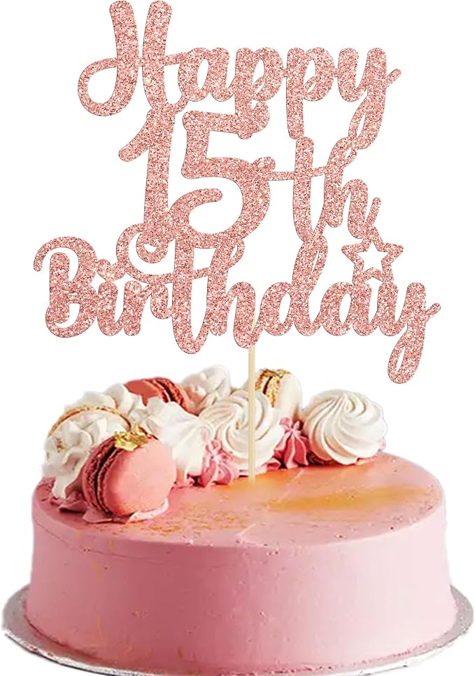 Gyufise 1Pc Happy 15th Birthday Cake Topper Glitter 15 & Fabulous Cheers to 15 Years Old Cake Pick for Celebrating 15th Birthday Anniversary Party Cake Decorations Supplies Rose Gold