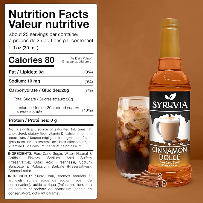 Syruvia Coffee Syrup, Cinnamon Dolce Flavored Syrup for Drinks, Lattes, and Desserts – 25.4 fl oz - with Pump