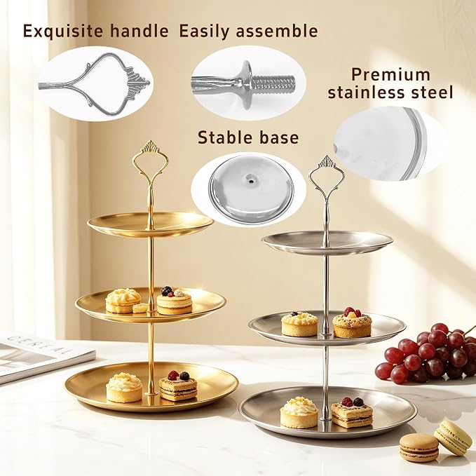 pson 1 Set 3 Tier Stainless Steel Cupcake Stand Holder, Tiered Dessert Display Tower for Wedding, Birthday, Party & Holiday Table Decor(Silver)