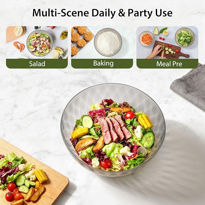 Freshmage Plastic Mixing Bowls with Lids - 6 Piece Nesting Bowls Set with One-Press Easy-Cover Lids, Large Salad Bowl for Baking, Preparing, Serving and Storing, Dishwasher & Microwave Safe