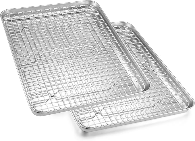 Homikit Baking Half Sheet with Rack Set (2 Pans+2 Racks), 18" x 13" Stainless Steel Cookie Sheets Pan with Wire Cooling Racks for Baking, Nonstick Large Bacon Crisp Trays for Oven, Non Toxic
