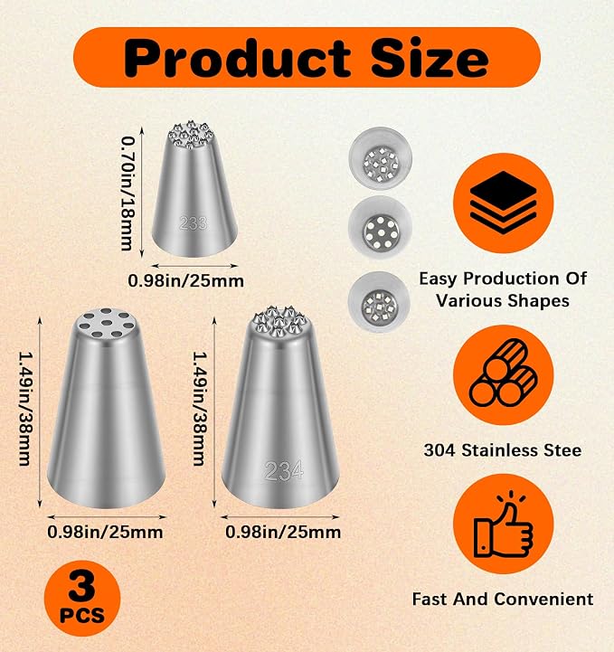 Grass Piping Tip, 3 PCS Stainless Steel Grass Tip for Cake Decorating with Multi-opening Design (No. 233/234/235)