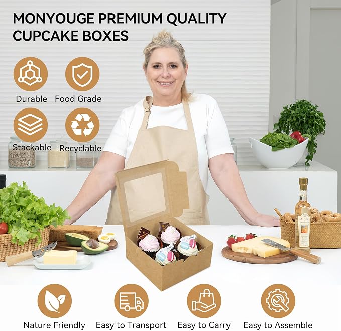 50-Set Cupcake Boxes Bulk with Clear Display Window Hold 4 Standard Cupcakes, Disposable Food Grade Brown Cupcake Carrier Cupcake Container, Perfect for Cupcakes Muffins Cookies Pastries