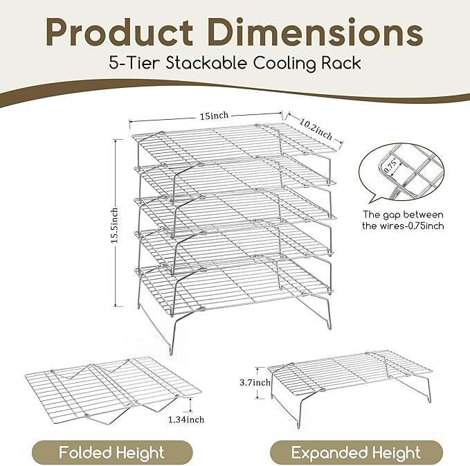 Herogo 5-Tier 15" x 10" Cooling Rack, Stainless Steel Baking Rack for Cookies, Cupcakes, and Pastries, Collapsible Space-Saving Design, Dishwasher Safe, Ideal for Baking, Roasting, and Drying