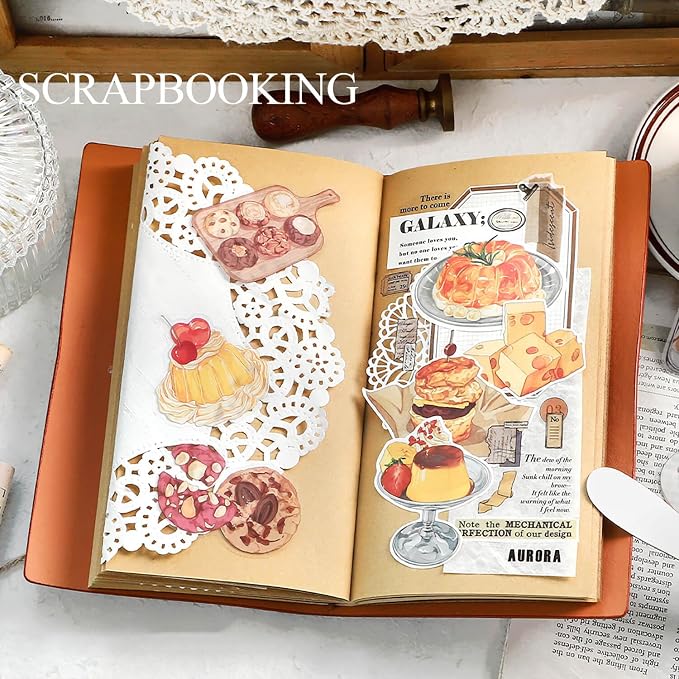 Maxleaf 80PCS Dessert Cake Clear Stickers for Scrapbook Decoration, 4 Series Retro Foods Bread Cake Coffee Stickers for Daily Life Diary Album Decoration