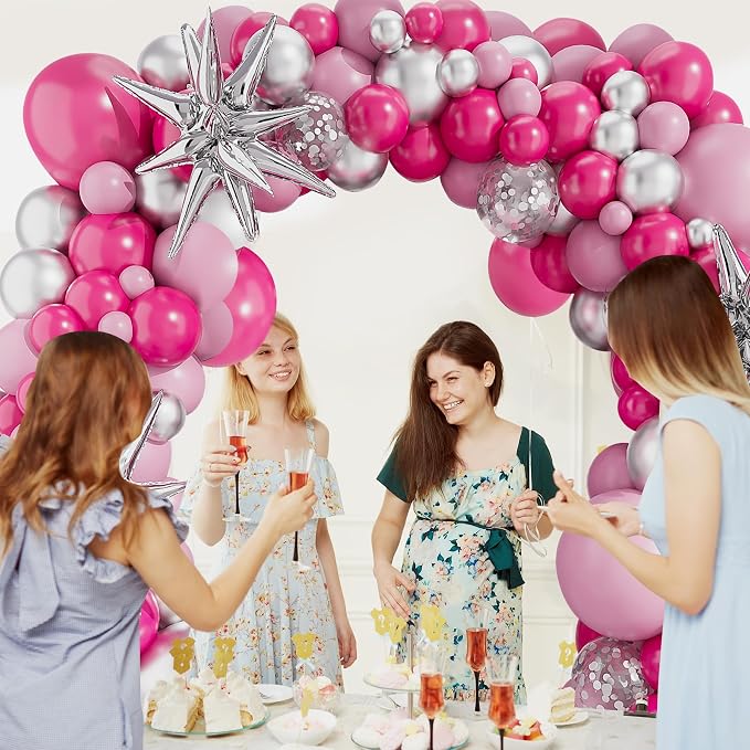 Hot Pink Silver Balloons Arch Garland Kit-Macaron Pink Balloon Silver Explosion Star Foil 127Pcs for Baby Princess Birthday,Baby Shower,Anniversary,Wedding,Graduation Party Decorations.