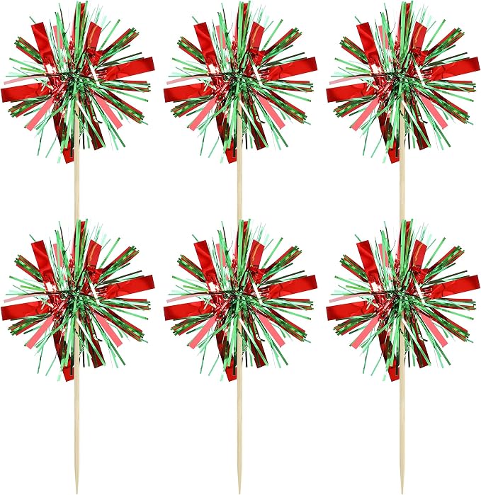 Gyufise 20Pcs Foil Firework Cupcake Toppers Happy Birthday Cake Toppers Tinsel Flower Drink Stirrers Cocktail Food Fruit Toothpicks for Valentine's Day Party Birthday Wedding Supplies Green Red