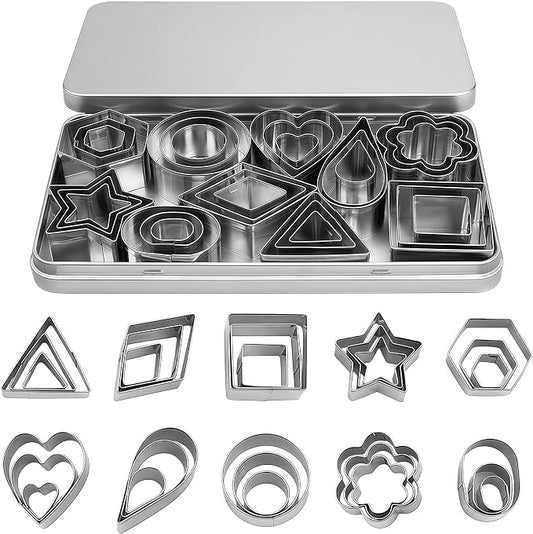 Mini Cookie Cutters - 30Pcs Stainless Steel Tiny Shapes,Heart Star Flower Round Square Cutter Kit for Decorating Cookies Fruits Fondant Cakes Kids Baking