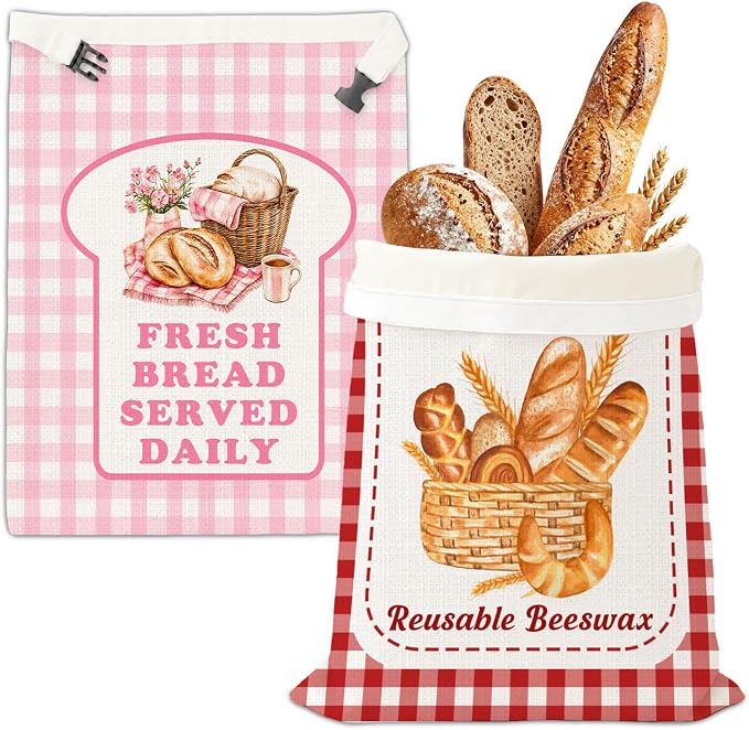 2 Pack Reusable Beeswax Bread Bags, Plaid Decor Bread Bag for Sourdough, Fresh Bread Served Daily, Reusable Linen, Natural Beeswax Storage Bag, Food Storage Cloth with Buckle 13 * 17IN