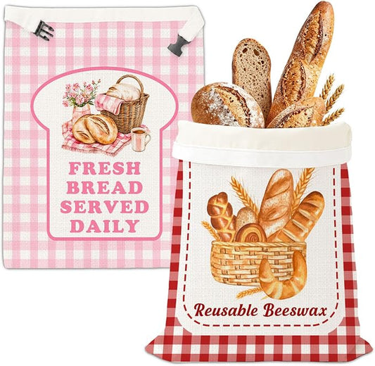 2 Pack Reusable Beeswax Bread Bags, Plaid Decor Bread Bag for Sourdough, Fresh Bread Served Daily, Reusable Linen, Natural Beeswax Storage Bag, Food Storage Cloth with Buckle 13 * 17IN