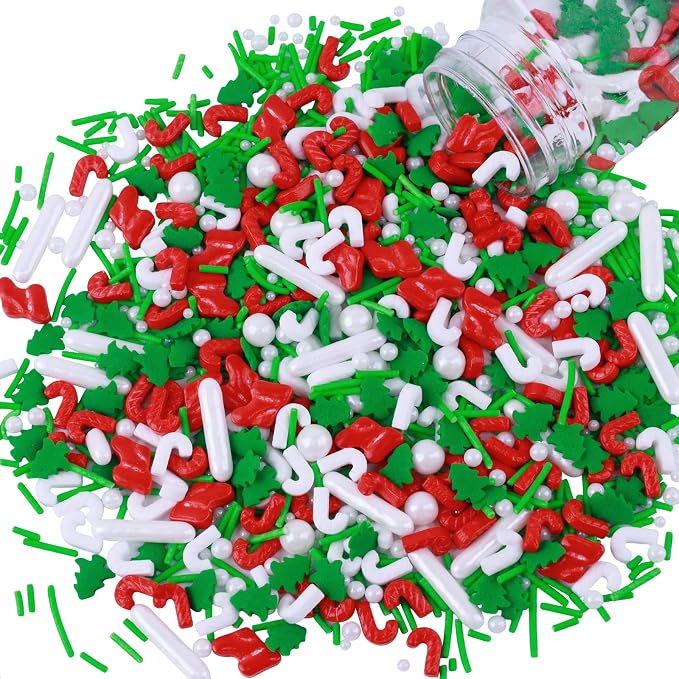 Morofme 3.5 oz Christmas Tree Sprinkles Red and Green Christmas Sprinkles White Pearl Mix Jimmies Christma Cane Sock Sprinkle Cake Topper Edible Holiday Sprinkle for Dessert Cupcake Toppers Cookie