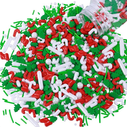Morofme 3.5 oz Christmas Tree Sprinkles Red and Green Christmas Sprinkles White Pearl Mix Jimmies Christma Cane Sock Sprinkle Cake Topper Edible Holiday Sprinkle for Dessert Cupcake Toppers Cookie