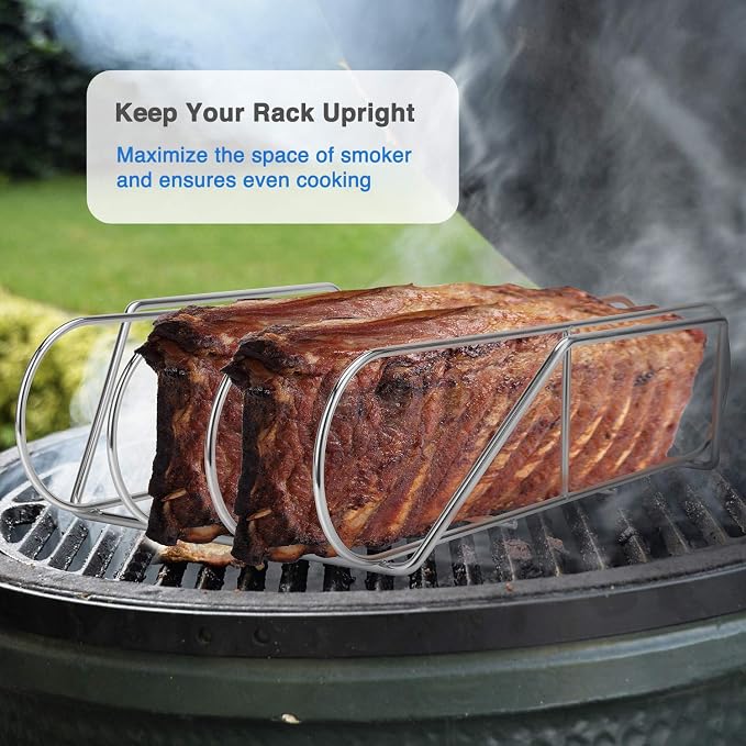 Extra Long Stainless Steel Rib Rack for Smoking and Grilling, Holds up to 3 Full Racks of Ribs, Fits 18” or Larger Gas Smoker or Charcoal Grill, Perfect Smoker Accessories Gifts for Men