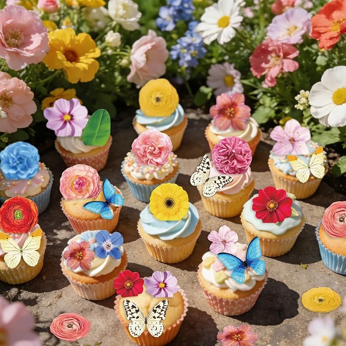 108PCS Edible Flower Cupcake Toppers Wafer Paper Butterfly Floral Baby Shower Cake Decorations Edible Spring Flower Cupcake Toppers for Floral Theme Birthday Party Decoration