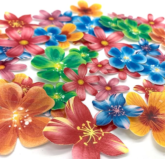 Weraru 75Pcs Wafer Flowers Cupcake Toppers Wedding Cake Party Food Decoration Mixed Size & Colour