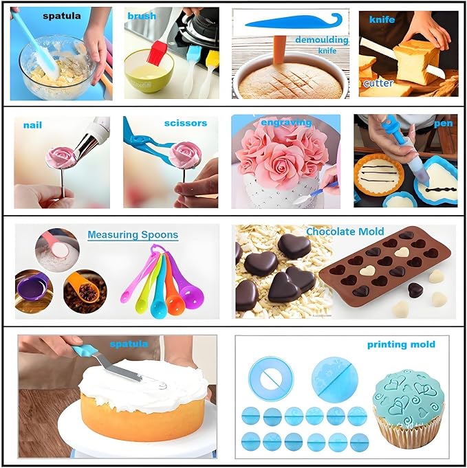 Cake Decorating Kit, 387 Pcs Baking Supplies (Blue) | 56 Icing Tips, 8 Russian+Ball Tips, 3 Spatulas, 5 Couplers, 8 Carved Pens, 102 Pastry Bags, Storage Box & More