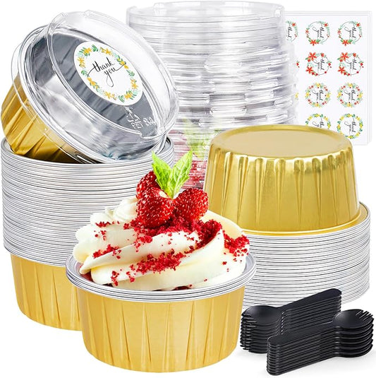 30Pcs Mini Cake Pans with Lids Aluminum Foil, ZOXILEN 5oz Disposable Mini Loaf pans with Lids Spoons, Round Small Baking Cups Pie Tins Cheesecake Containers for Party Gold
