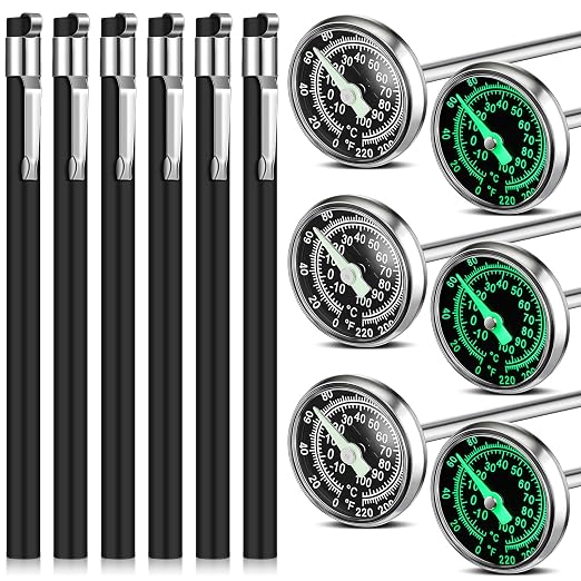 Xuhal 6 Pcs Stainless Steel Kitchen Glow Thermometer with 5 Inch Long Stem 1 Inch Dial Thermometer Milk Frothing Food for Oven Probe Meat Grill BBQ Cooking Chocolate Water(Black)