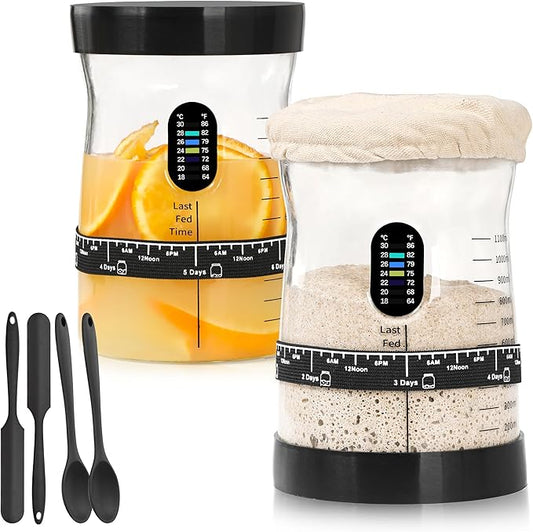 50 oz Large Sourdough Starter Jar Glass - Wide Mouth Sourdough Starter Kit with Lid for Beginners with Spatula, Feeding Instructions & Recipes (2 Pack)