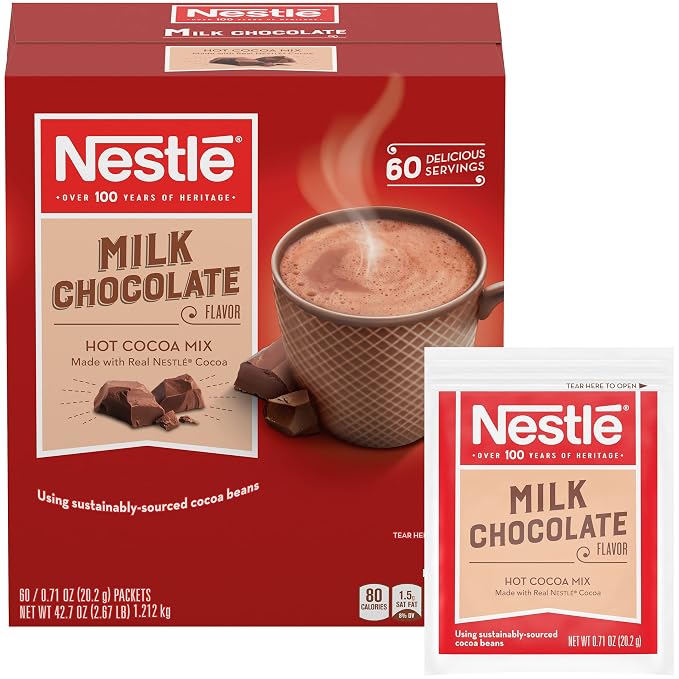 Nestle Hot Chocolate Packets, Milk Chocolate Flavor Hot Cocoa Mix, Made with Real Cocoa, Bulk Pack, 0.71 oz Packet (60 Count) (Pack of 2)