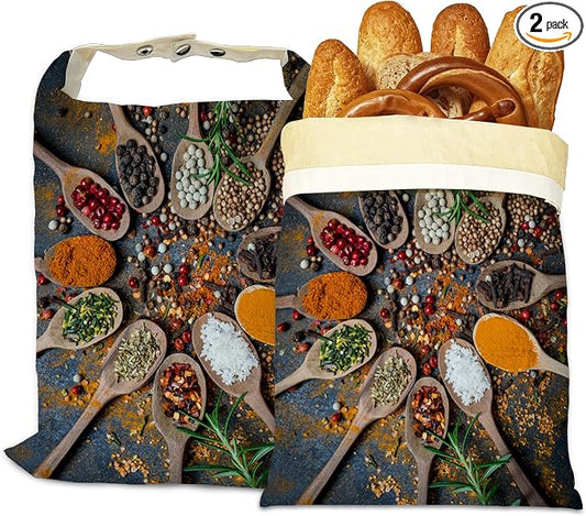 Beeswax Bread Bags, 2 Pack for Homemade Bread and Sourdough Storage | Colourful Various Herbs, Reusable Polyester Bread Storage With Beeswax Coating And Snap Closures