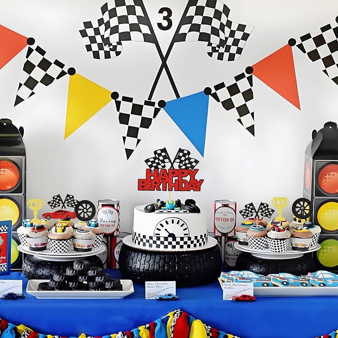 Ercadio 25Pcs Racing Car Happy Birthday Cake Toppers Checkered Flag Race Cars Wheels Cupcake Toppers Baby Shower Race Car Funny Birthday Party Decoration Supplies