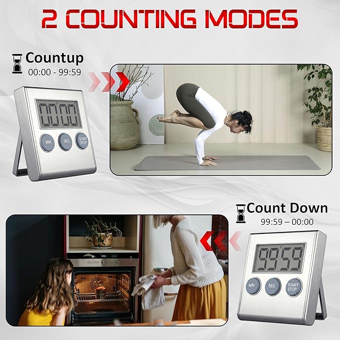 Digital Kitchen Timer for Cooking, Magnetic Countdown Timer with Loud 80dB Alarm, Large Display, Adjustable Stand, Auto Memory, Stop Watch for Classroom, Study, Kids - Silver
