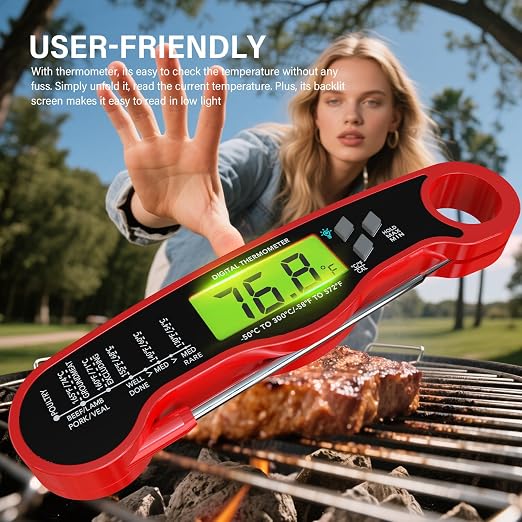 AWLKIM Digital Meat Thermometer, Instant Read Thermometer, Red | Food thermometer for grill, BBQ, candy, oil and baking; backlit display, foldable probe and magnetic storage