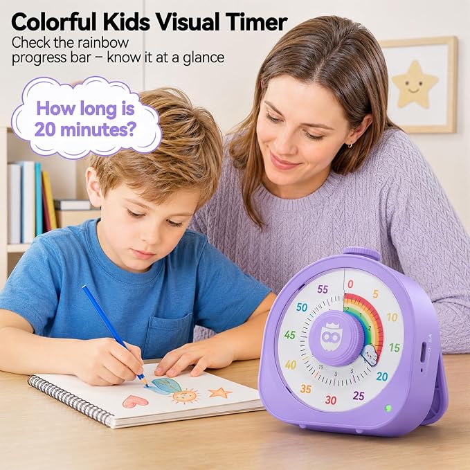Visual Timer for Kids and Adults 60 Min/12 Hour Rechargeable Countdown Timer with Magnetic Sticker and Mute Function Kids Pomodoro Timers for Classroom Office Kitchen Silent Operation & Rainbow Disk