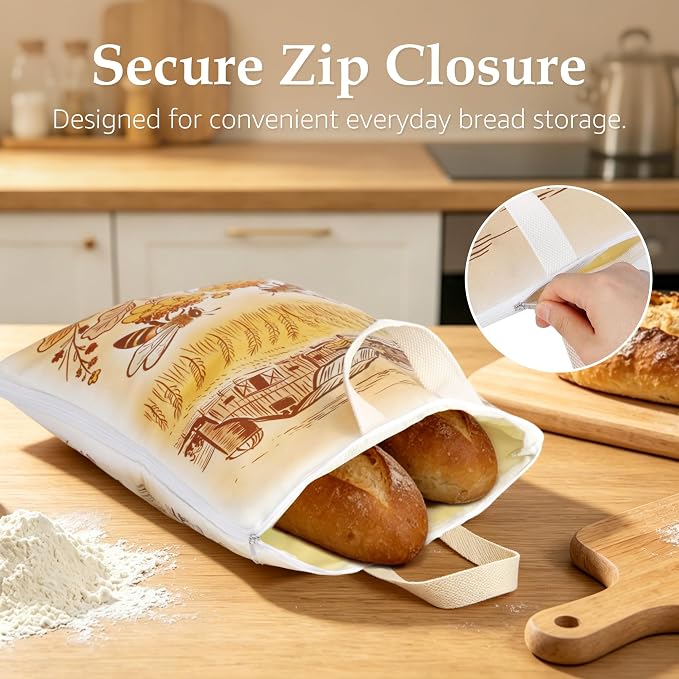 2 Pack Beeswax Bread Bags for Sourdough, 17x13 Inch Reusable Cotton Bread Storage Bags with Zipper and Handle Natural Beeswax Lining Freezer Friendly with 10 Food Labels Included (Farm Bees)