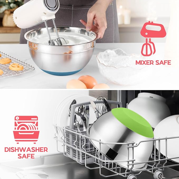 Onader Colorful Mixing Bowl Set of 6 for Kitchen, Large Stainless Steel Metal Nesting Mixing Bowls with Airtight Lids, Non Slip - Size 0.7, 1, 1.5, 2, 2.6, 4.6QT