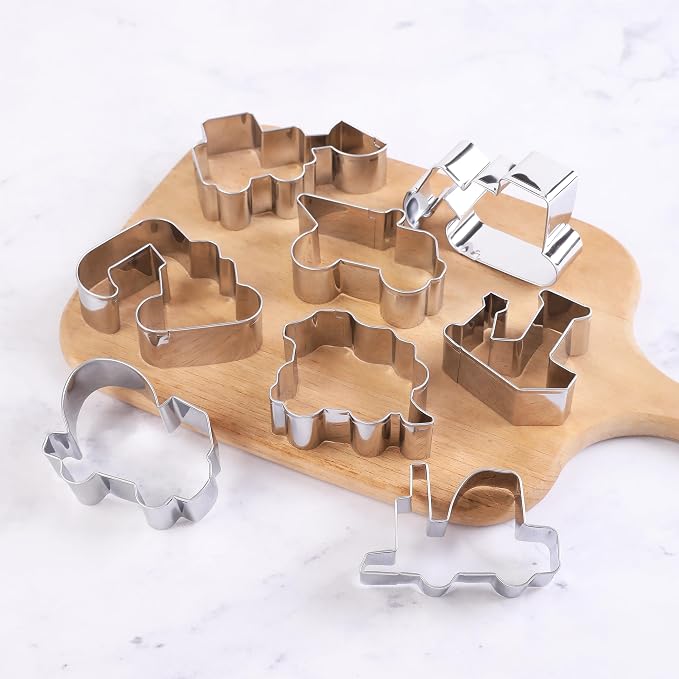 ZADE Construction Theme Bulldozer Cement Mixer Dump Truck Crane Excavator Forklift Train Cookie Cutters Set 8 Pcs Stainless Steel Cookie Biscuit Sandwich Mold Fondant Cutter for Baking