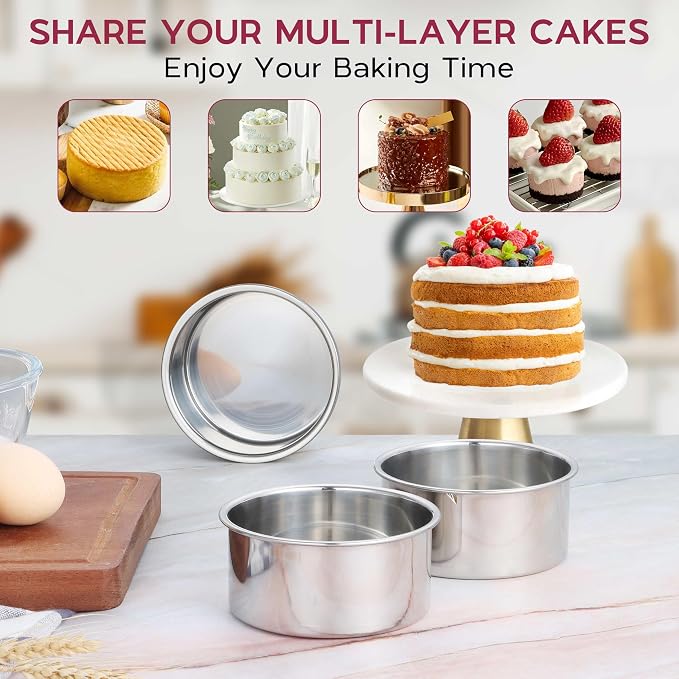 Onader Mini Round Cake Pan Set for Baking, 4 Inch Stainless Steel Baking Pan Tin Set of 3
