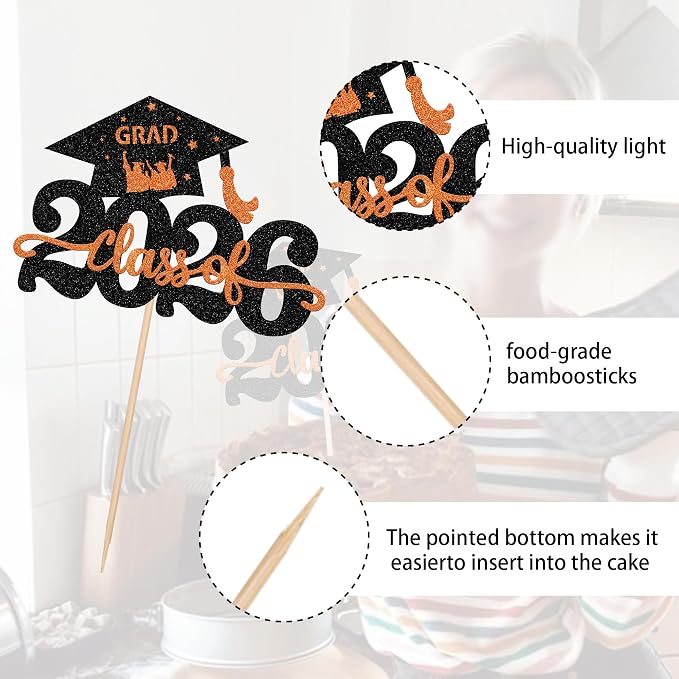 1 Pack Class of 2026 Cake Topper Glitter Congrats Grad Cap 2026 Graduation Cake Pick Decoration for 2026 Graduation Theme High School Graduate Party Cake Decorations Supplies Orange