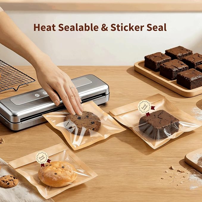 Cookie Bags with Window for Bakery, 100 Pack 7.1x7.5" Heat Seal Cookie Packaging Sleeves with Seal Sticker, Paper Treat Bag for Individual Bake Sale, Home Baked Brownie, Sandwich, Bread