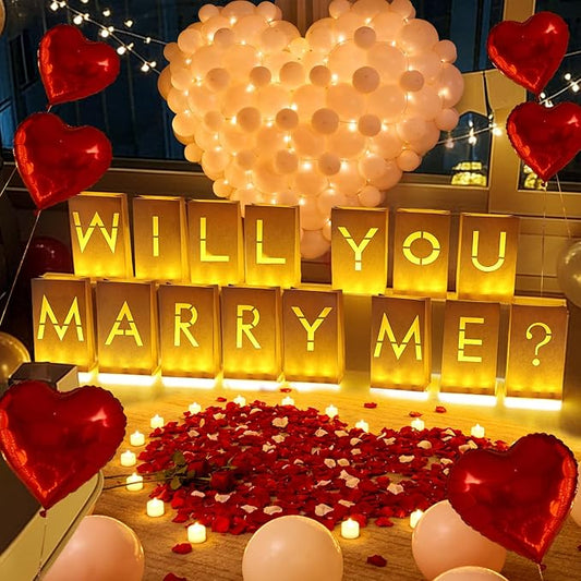Will You Marry Me Light Up Letters, Paper Luminary Bags with LED Flameless Candles Fake Rose Petals Latex Foil Balloons for Girlfriend Women Valentines' Day Anniversary Proposal Decorations
