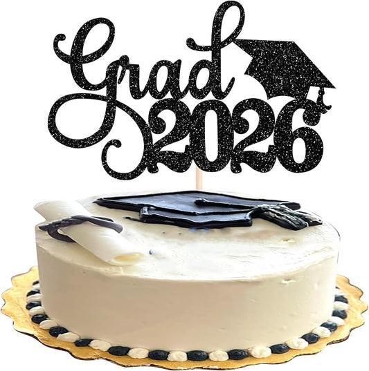 1 Pack Grad 2026 Cake Topper with Glitter Congrats Grad Cap Class of 2026 Cake Pick Decorations for 2026 Graduation Theme School Boys Girls Graduate Party Supplies Black