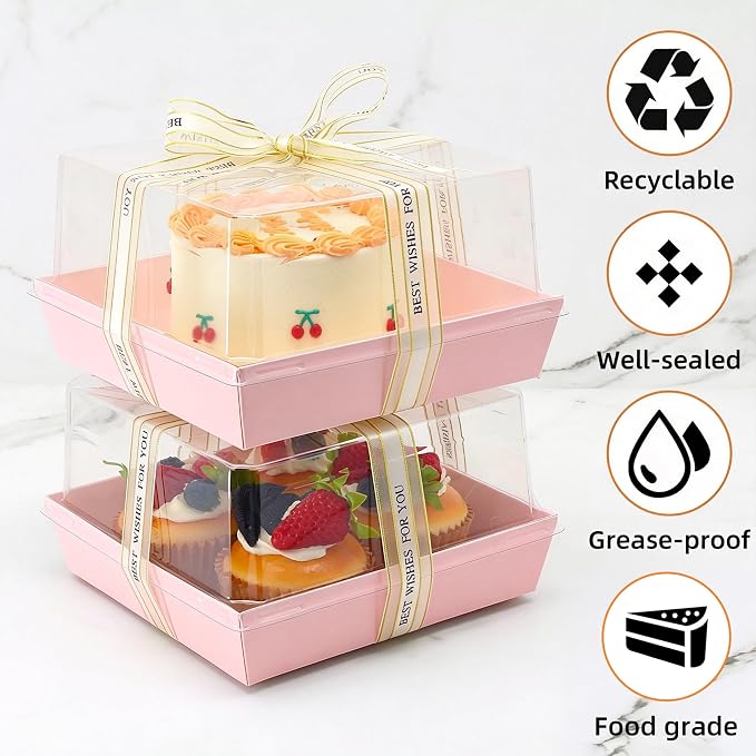 7 x 7 x 4 Inches Clear Cake Boxes for 6 Inch Cake, Paper Charcuterie Boxes with Clear Lids, 25 Pack Disposable Bakery Food Containers Large Dessert, Cupcakes,Pie,Cookies, Cocoa Bomb (Pink)